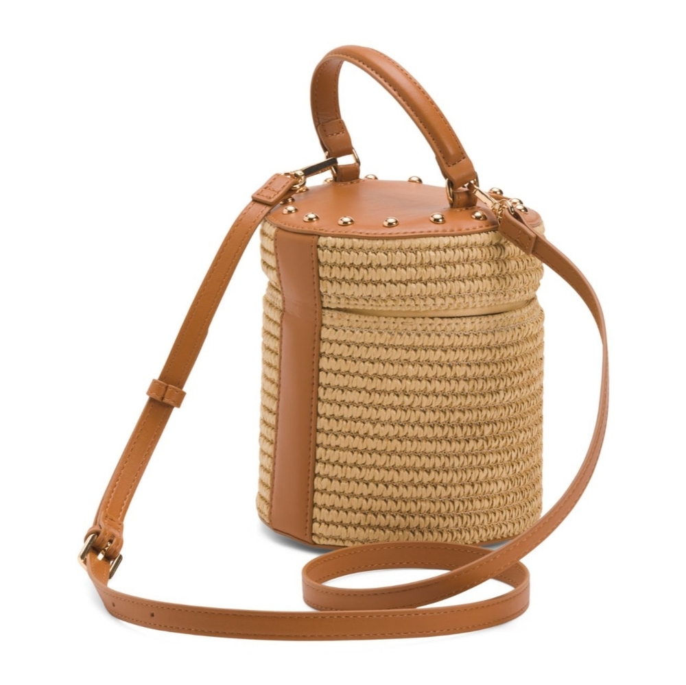 Rachel Zoe Tan Straw and Leather Bucket Crossbody - Picture 2 of 3